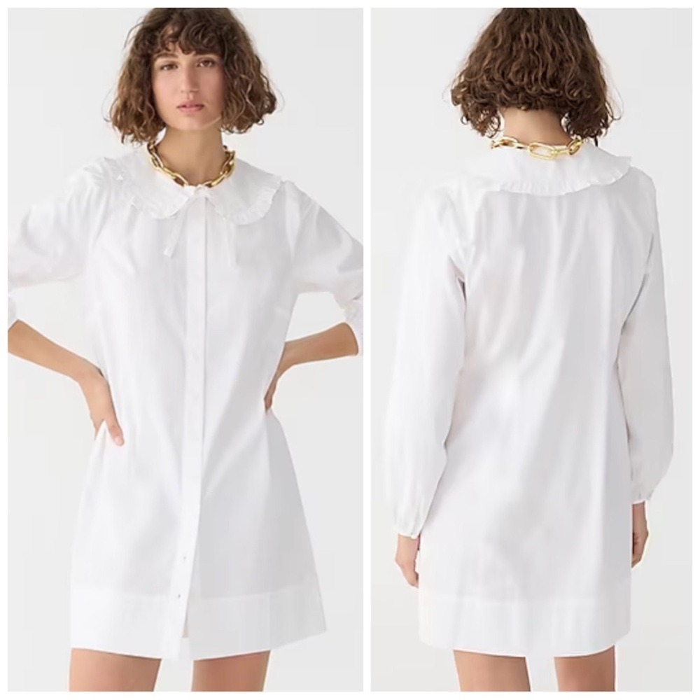 •J.CREW•‎ Ruffle-Collar Mini Shirt-Dress in White Cotton Poplin Size XXS BS809